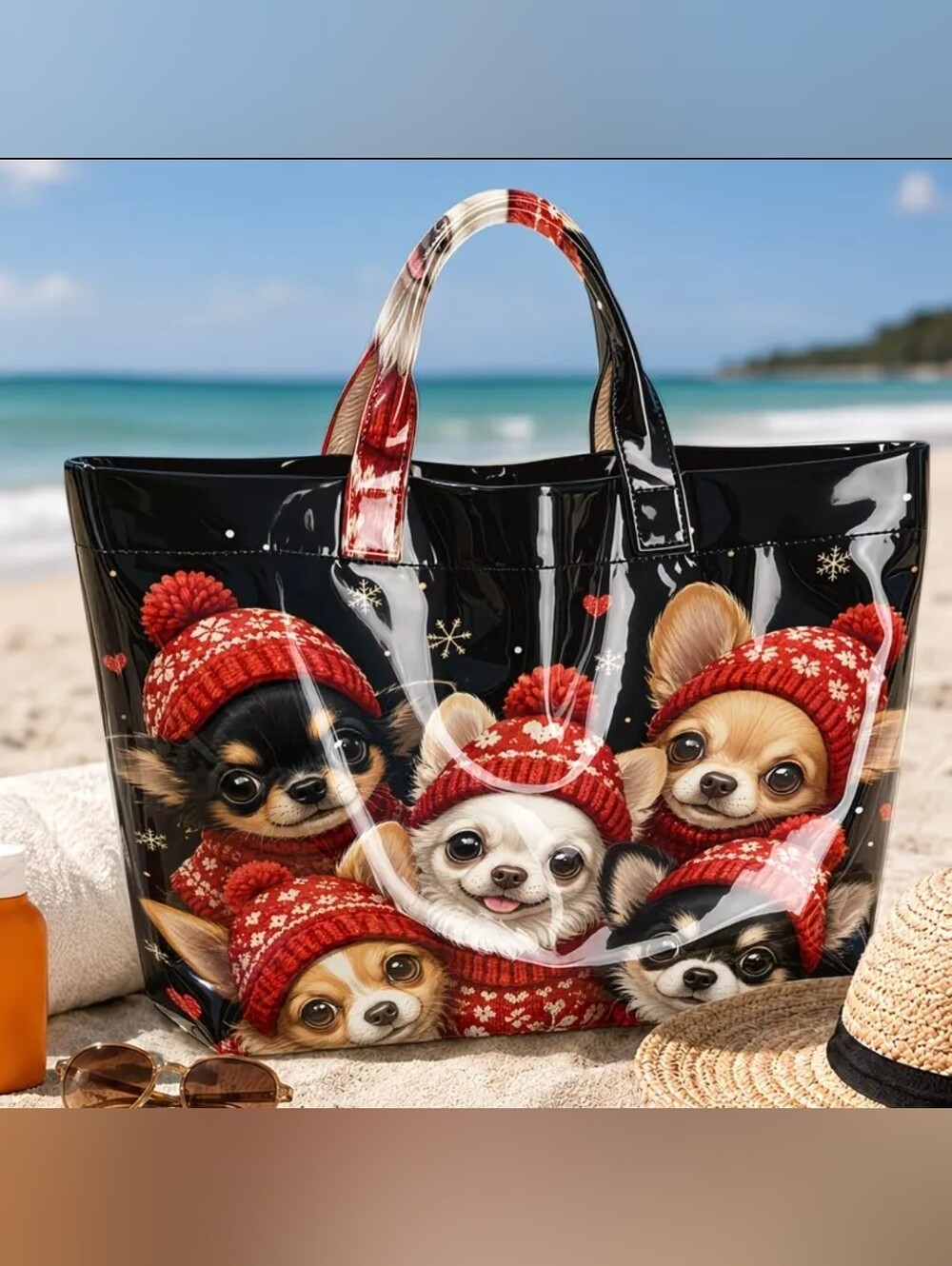 Chihuahua Winter Holiday PVC Daily Commute Tote Bag Large Size
